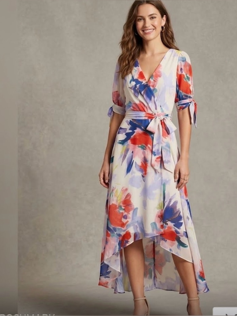 DKNY Painterly Floral Chiffon Wrap Dress High-Low Midi Size 4